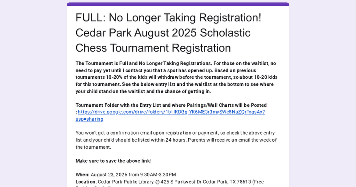 FULL: No Longer Taking Registration! Cedar Park August 2025 Scholastic Chess Tournament Registration